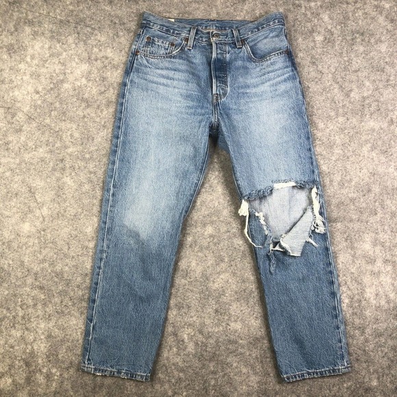 Levis 501 Women's Jeans Big E Premium Button Fly Blue Tag 28x26 Classic Wash - Picture 1 of 12